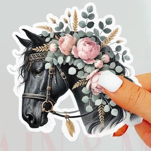 Sticker cheval noir, sticker équestre, sticker cow-girl, fille de cheval, cheval bohème, cheval floral, fille d'anniversaire de cheval, décalcomanies cheval, cadeau cheval
