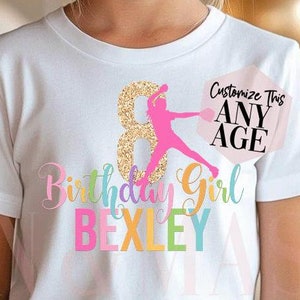 Softbal verjaardagsshirt meisjes, regenboog glitter verjaardag meisjesshirt meisjes, softbalshirts, softbalcadeaus, AANGEPASTE softbalwerpershirt kinderen