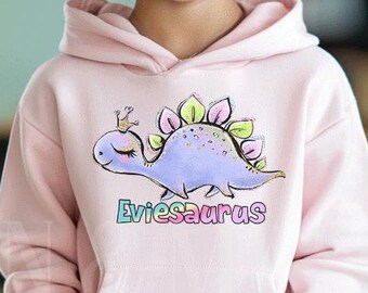 Customizable Girl Dinosaur Hoodie, Personalized Name Toddler Pullover, Eco-Ink Print