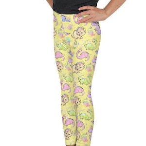 Girl Dinosaur Leggings Yellow Kid&#39;s Leggings, Girl Dinosaur Outfit, Girl Dinosaur Clothing, Girl Dinosaur Gifts, Toddler Dinosaur Leggings
