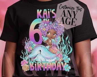 Personalized Black Mermaid Birthday Girl Shirt, Melanin Party Outfit, Birthday Girl Shirt