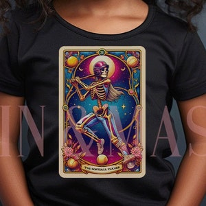 Camiseta de tarô do jogador de softball para meninas, esqueleto, mulheres, mãe e filha, treinadora de equipe, aniversário de softball, presente de softball, camiseta de softball