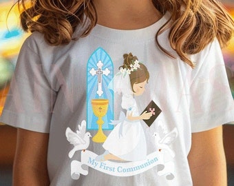 Erstkommunion Shirt, Mädchen 1. Kommunion Shirt, Erstkommunion Geschenk Mädchen, Heilige Kommunion Shirt, Mädchen katholisches Geschenk Gebetbuch Kelch