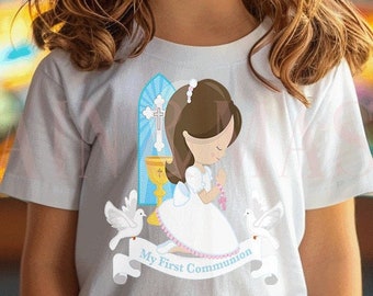 Erstkommunion Shirt, Mädchen 1. Kommunion Shirt, Erstkommunion Geschenk Mädchen, Heilige Kommunion Shirt, Mädchen katholisches Geschenk Tochter Rosenkranz Kelch