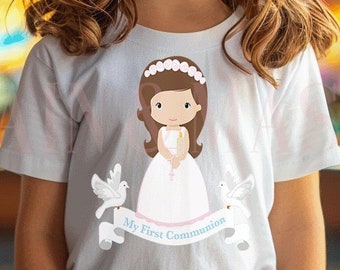 Erstkommunion Shirt, Mädchen 1. Kommunion Shirt, Erstkommunion Geschenk Mädchen, Heilige Kommunion Shirt, Mädchen katholisches Geschenk Tochter Rosenkranz Kerze