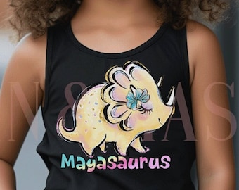 CUSTOM Girl Dinosaur TANK TOP, Dinosaur Name Shirt Kids, Girl Dinosaur Gift, Cute Dinosaur Shirt Paleontologist Triceratops Girl Dino Yellow