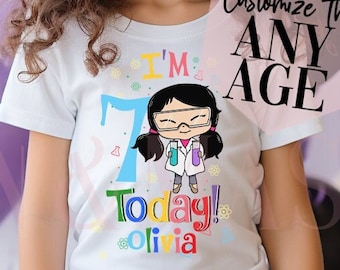 Camiseta personalizada de cumpleaños para niña científica, camiseta para fiesta STEM, camiseta de cumpleaños para niña