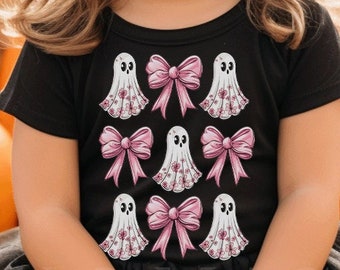 Camisa rosa de Halloween, Camisa floral de fantasma para niño pequeño, Camisa rosa de fantasma para niño pequeño, Camisa de Halloween para niña, Camisa coqueta de fantasma de Halloween con lazo