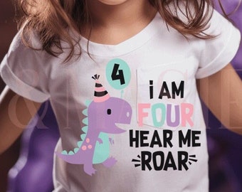 4th Birthday Girl Dinosaur Shirt Kids,I am Four Hear Me Roar,Dino Birthday,Girl Dinosaur Gift, Dinosaur Toddler Girl, Four Birthday Shirt 4