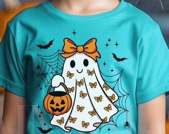Camiseta de Halloween para niñas, camiseta de fantasma para niñas, camiseta de fantasma con lazo coqueto, camiseta de fantasma para niñas, camiseta de fantasma naranja, camisetas de fantasmas lindas