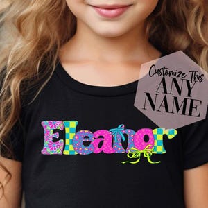 Girls CUSTOM NAME Shirt, Bright Doodles, Checkered Leopard Cheetah Floral, Custom Text Shirt, Gift Birthday Girl Party 5 6 7 8 9 10 11 12 13