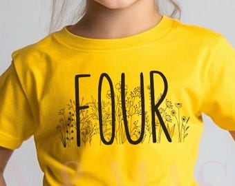 4th Birthday Girl Shirt,  Wildflower Birthday, Four Birthday Girl, 4 Birthday Party Floral Wild Flower Boho, Girls Four Shirt