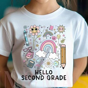 Girls Second Grade Shirt, Hello 2nd Grade Shirt Doodles Rainbow Pencil Crayon Preppy Girls 1st Day of School Shirt, 2nd Grade Teacher