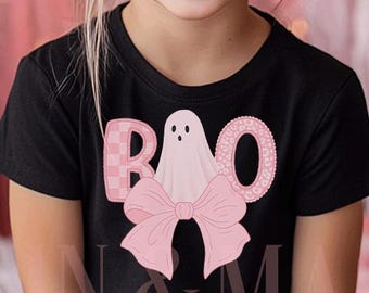 Camiseta Boo para niñas, camiseta de Halloween para niñas, camiseta fantasma para niñas, camiseta fantasma con lazo coqueto, camiseta fantasma para niñas con lindo lazo coqueto de calabaza rosa