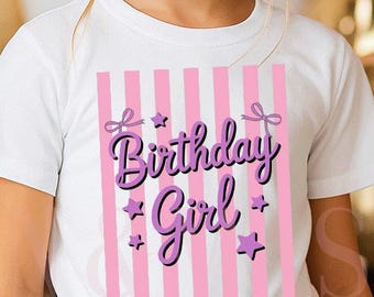 Striped Birthday Girl Shirt, Purple Pink Stripes, Coquette Bow Party Preppy, Birthday Girl Shirt