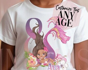 Black Mermaid Birthday Shirt, Tropical Floral Watercolor Design, Customizable Age Tee