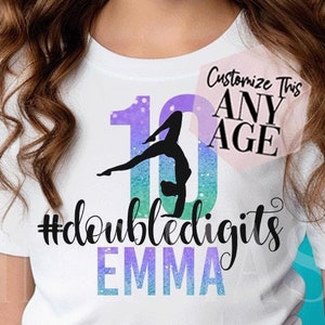 Gymnastics Birthday Shirt, Girls Gymnast Gifts, Gymnastics Party Ombre Birthday Girl T-shirt Kids 5 6 7 8 9 10 11 12 13 Teal Purple Glitter
