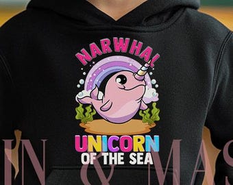 Girls Narwhal Hoodie, Unicorn of the Sea Pullover Sweatshirt, Toddler Narwhal Gifts