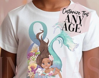 Black Mermaid Birthday Girl Shirt, Ombre Age, Watercolor Floral Graphics Tee