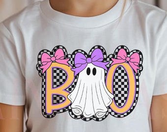 Camiseta Boo para niñas, camiseta de Halloween para niñas, camiseta fantasma para niñas, camiseta fantasma con lazo coqueto, camiseta fantasma para niñas con lindo lazo coqueto a cuadros rosa