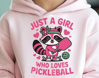 Girls Pickleball Raccoon Hoodie, Kids Pullover Sweatshirt