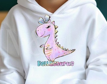 Girl Dinosaur Hoodie, Dinosaur Name Sweatshirt Long Sleeves Custom Personalized Girls Dino T-Rex Pink Purple Bow