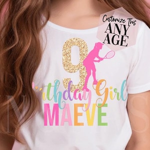 Tennis Birthday Shirt Girls, Tennis Shirts, Tennis Birthday, Tennis Gifts,Girls Tennis,Rainbow Glitter Birthday Outfit 5 6 7 8 9 10 11 12 13