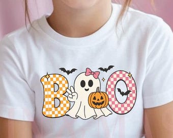 Camiseta Boo para niñas, camiseta de Halloween para niñas, camiseta fantasma para niñas, camiseta fantasma con lazo coqueto, camiseta fantasma para niñas con calabaza rosa a cuadros y símbolo de la paz.