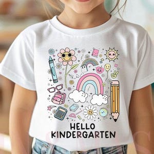 Girls Kindergarten Shirt, Hello Kindergarten Shirt Doodles Rainbow Pencil Crayon Preppy Girls 1st Day of School Shirt, Kindergarten Teacher