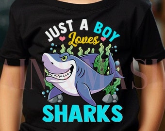 Chemise requin pour garçon, chemise Just a Boy Who Loves Sharks, cadeaux requin pour lui, requins bambin, vêtements de requin, anniversaire de requin, fête de requin