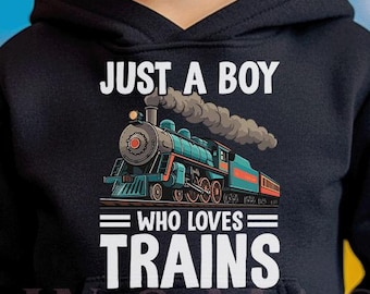 May include: A black hooded sweatshirt featuring the text "JUST A BOY WHO LOVES TRAINS" with a graphic of a blue and red train emitting smoke. The sweatshirt is worn by a young child with blonde hair.