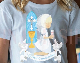 Erstkommunion Shirt, blondes Mädchen Erstkommunion Shirt, Erstkommunion Geschenk Mädchen, Heilige Kommunion Shirt, Mädchen katholischen Geschenk Kerzenkelch