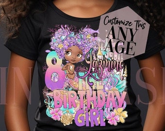 Custom Black Mermaid Birthday Girl Shirt, Black Mermaid Shirt, Kids Toddler Outfit Mermaid Party,Black Birthday Girl,Melanin Mermaid 4 5 6 7
