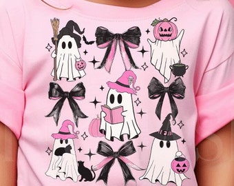 Camisa rosa de Halloween, camisa floral de fantasma para niña, camisa rosa de fantasma para niña, camisa de Halloween para niña, camisa de calabaza rosa con lazo de gato fantasma de Halloween para niña