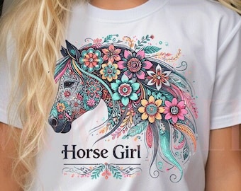 Boho Horse Head Girl T-Shirt, Floral Equestrian Shirt