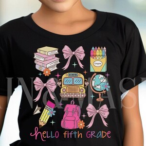 Girls 5th Grade Shirt, Hello Fifth Grade Shirt, Coquette School Shirt, Girls Back To School Shirt, School Bus Pink Bow Crayons Pencil Books
