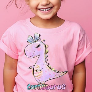 Chemise dinosaure fille personnalisée, cadeau d'anniversaire personnalisé enfant en bas âge bébé enfants noeud T-Rex rose violet