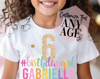 Kundenspezifisches Geburtstagskind-T-Shirt, Regenbogen-Glitter-Altersname, Kinderparty-Outfit