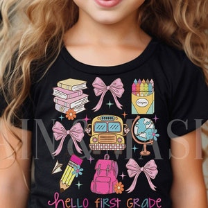 Girls 1st Grade Shirt, Hello First Grade Shirt, Coquette School Shirt, Girls Back To School Shirt, School Bus Pink Bow Crayons Pencil Books