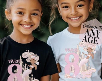 Biracial Mermaid Birthday Girl Shirt, Custom Age, Watercolor Mermaid Party Tee, Birthday Girl Shirt