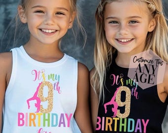 Girls Gymnastics Birthday Tank Top, Custom Age Rainbow Glitter Tumbling Party Shirt, Birthday Girl Shirt