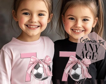 Soccer Birthday Shirt Girl,  Long Sleeve Birthday Shirt, Soccer Bow Shirt, Girls Soccer Shirt, Coquette Bow Birthday, Soccer Birthday Girl