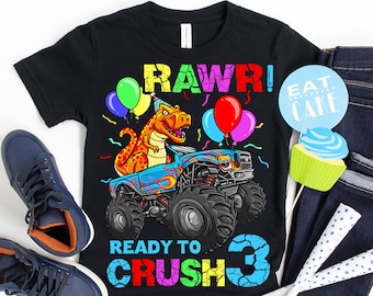 3rd Birthday Shirt Dinosaur Kids Monster Truck, Three Birthday Shirt, 3rd Birthday Party, 3rd Birthday Gift, Rawr Toddler T-Rex Boys Crush 3