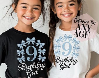 Coquette Birthday Girl Shirt, Custom Age Party Preppy Blue Bow Birthday T-Shirt, Birthday Girl Shirt