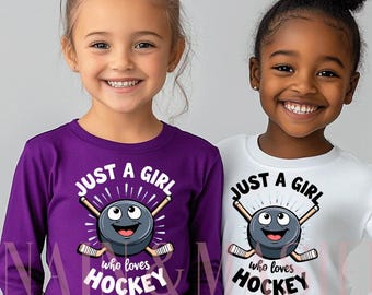Camiseta de hockey de manga larga para niñas, camiseta Just a Girl Who Loves Hockey, camiseta de hockey para niñas pequeñas, camiseta de hockey para niñas, regalos de hockey para ella