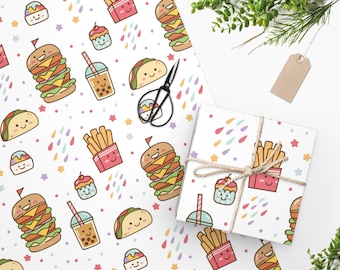 Kawaii Food Wrapping Paper Tacos Burger Fries Boba, Taco Wrapping Paper, Burger Wrapping Paper, Boba Wrapping Paper,Birthday Food Kids