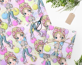 May include: Wrapping paper with a repeating pattern of a cartoon girl on roller skates, with pink, yellow, and purple balloons. The girl has blonde hair and wears a pink bow, a floral top, and blue trousers. A wrapped gift box with twine is also visible.