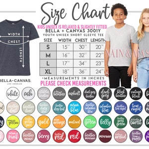 May include: Size chart for kids' unisex short sleeve t-shirts from Bella + Canvas. The chart shows sizes S, M, L, and XL with corresponding width, chest, and length measurements in inches. The chart also includes a color chart with various colors for the t-shirts.