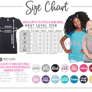 Puede incluir: Tabla de tallas para una camiseta Next Level 3710 Girl's Princess, con medidas en pulgadas. La tabla incluye tallas XS a XL, con medidas de pecho que van de 58,4 a 83,8 cm. La camiseta es ligera, 121,9 gramos, y viene en varios colores.
