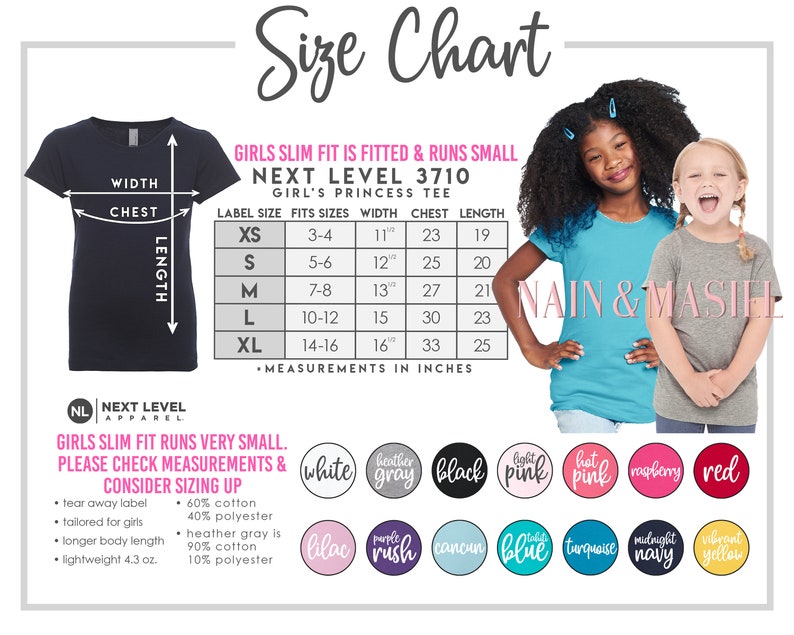 Puede incluir: Tabla de tallas para una camiseta Next Level 3710 Girl's Princess, con medidas en pulgadas. La tabla incluye tallas XS a XL, con medidas de pecho que van de 58,4 a 83,8 cm. La camiseta es ligera, 121,9 gramos, y viene en varios colores.